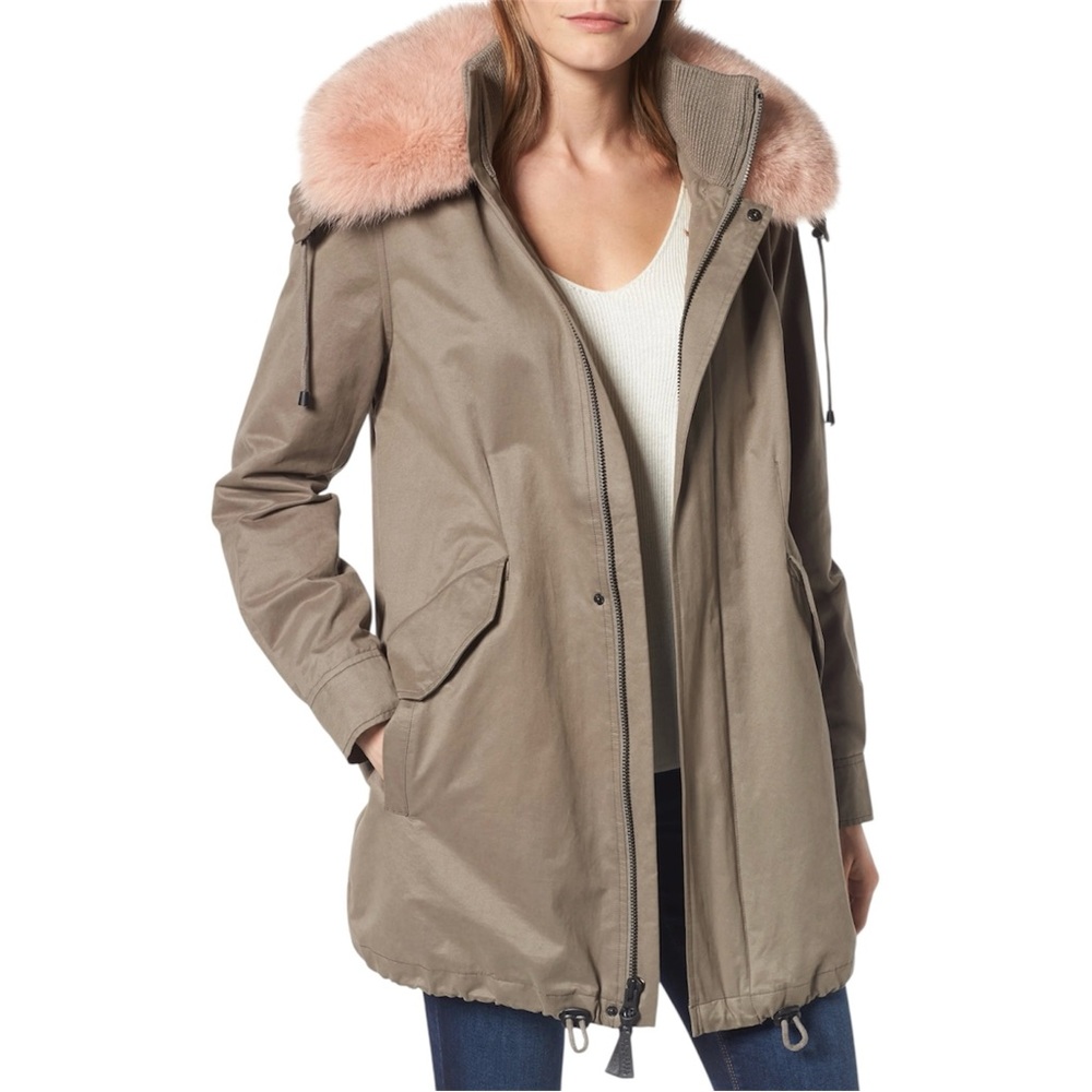 DEREK LAM 10 CROSBY Tan Utility Jacket w Pink FOX FUR Trim Removable Hood
